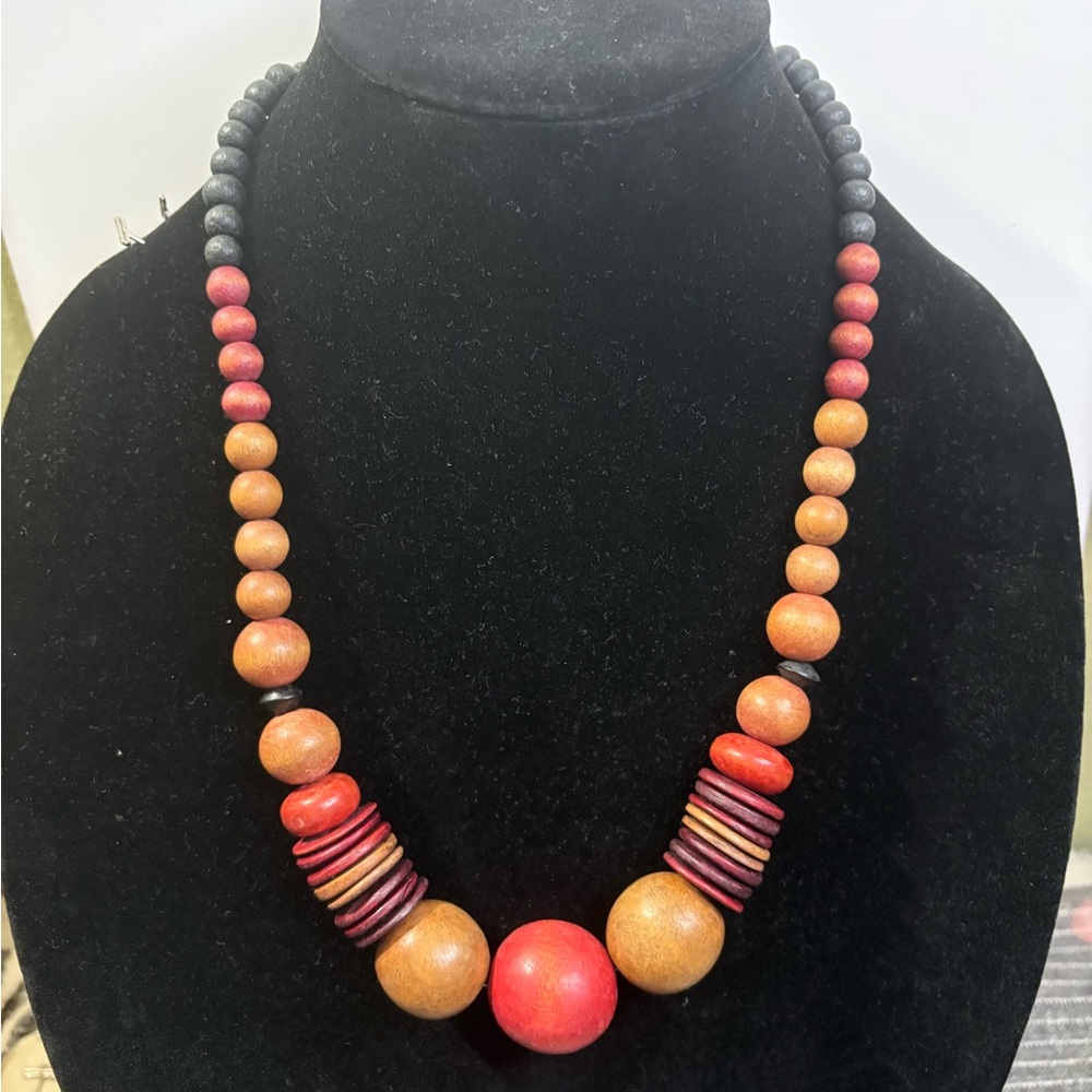 Wooden Red Tan and Black  Beaded Necklace